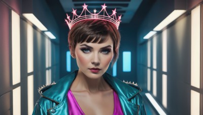 1girl,solo,looking at viewer,short hair,bangs,blue eyes,brown hair,shirt,jewelry,closed mouth,collarbone,jacket,upper body,earrings,open clothes,artist name,indoors,signature,open jacket,lips,eyelashes,makeup,watermark,crown,lipstick,blue jacket,portrait,web address,eyeshadow,pink shirt,realistic,nose,red lips,eyeliner,leather,leather jacket,mascara,denim jacket,cleavage,window,thick eyebrows,neon lights