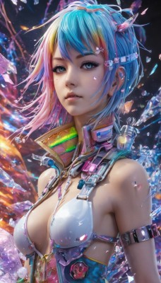 1girl,solo,breasts,looking at viewer,short hair,bangs,blue eyes,blonde hair,hair ornament,cleavage,bare shoulders,medium breasts,blue hair,upper body,pink hair,multicolored hair,parted lips,horns,hairclip,mole,two-tone hair,lips,streaked hair,eyelashes,makeup,zipper,realistic,nose,artist name,mole under eye,watermark,web address,armlet,freckles,science fiction,water drop,cable