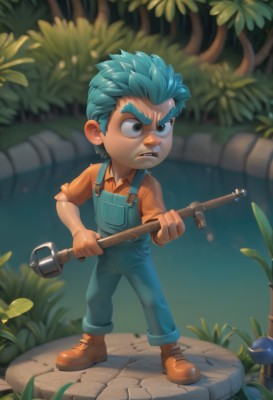 solo,short hair,open mouth,shirt,gloves,1boy,holding,brown eyes,blue hair,standing,full body,male focus,boots,outdoors,teeth,collared shirt,artist name,blurry,tree,aqua hair,brown footwear,thick eyebrows,grass,plant,spiked hair,child,overalls,male child,orange shirt,parted lips,green hair,shoes,pants,frown,watermark,aged down,red shirt