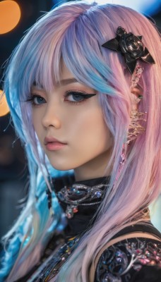 1girl,solo,long hair,looking at viewer,bangs,blue eyes,hair ornament,jewelry,closed mouth,blue hair,upper body,pink hair,multicolored hair,earrings,artist name,necklace,blurry,two-tone hair,lips,grey eyes,eyelashes,makeup,blurry background,piercing,gem,portrait,eyeshadow,realistic,nose,mascara,flower,white hair,hair flower,from side,gradient hair,depth of field,rose,ear piercing,close-up,black flower