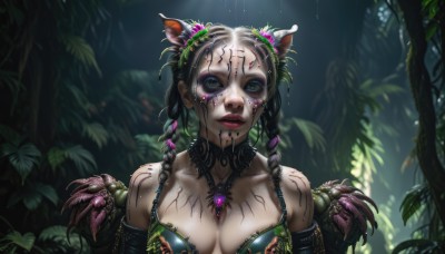 1girl,solo,long hair,breasts,looking at viewer,large breasts,black hair,hair ornament,animal ears,cleavage,bare shoulders,jewelry,medium breasts,green eyes,collarbone,upper body,braid,flower,multicolored hair,outdoors,parted lips,hair flower,blurry,twin braids,tree,lips,wet,makeup,blurry background,leaf,plant,lipstick,monster girl,nature,eyeshadow,forest,realistic,nose,mascara,detached sleeves,cat ears,piercing,rain,facepaint,dirty,bodypaint