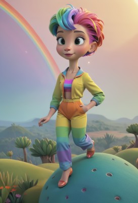 1girl,solo,blush,smile,short hair,shirt,long sleeves,green eyes,standing,collarbone,jacket,full body,pink hair,purple hair,flower,multicolored hair,outdoors,green hair,open clothes,sky,shoes,striped,pants,artist name,signature,two-tone hair,tree,hand on hip,makeup,watermark,grass,plant,red footwear,child,web address,multicolored clothes,personification,hand in pocket,mountain,rainbow,colorful,striped pants,rainbow gradient,rainbow hair,multicolored stripes,blue hair,midriff,belt,lips,multicolored jacket,ladybug,cactus