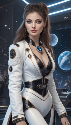 1girl,solo,long hair,breasts,looking at viewer,large breasts,brown hair,long sleeves,cleavage,brown eyes,jewelry,medium breasts,standing,cowboy shot,earrings,solo focus,choker,belt,pants,necklace,nail polish,lips,coat,fur trim,bodysuit,makeup,lipstick,forehead,eyeshadow,science fiction,hoop earrings,realistic,white pants,nose,white coat,red lips,space,white bodysuit,planet,earth (planet),parted lips,artist name,dark skin,bracelet,dark-skinned female,gem,pendant