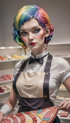 1girl,solo,breasts,looking at viewer,blush,short hair,blue eyes,skirt,blonde hair,shirt,bow,holding,medium breasts,blue hair,white shirt,upper body,pink hair,short sleeves,multicolored hair,parted lips,food,green hair,indoors,bowtie,apron,two-tone hair,lips,streaked hair,black bow,makeup,buttons,bandages,suspenders,lipstick,personification,black bowtie,realistic,red lips,mascara,rainbow hair,bangs,closed mouth,collared shirt,eyelashes,eyeshadow,black apron