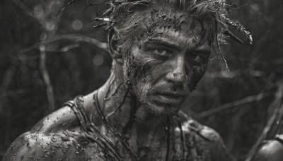 solo,looking at viewer,short hair,1boy,jewelry,closed mouth,monochrome,upper body,greyscale,male focus,necklace,blurry,blurry background,facial hair,portrait,beard,realistic,scar,scar on face,scar across eye,stubble