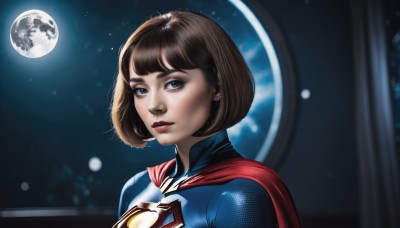 1girl,solo,looking at viewer,short hair,bangs,blue eyes,brown hair,upper body,cape,lips,window,bodysuit,makeup,moon,bob cut,portrait,full moon,realistic,nose,red cape,space,planet,superhero,earth (planet),sky,eyelashes,night,star (sky),night sky