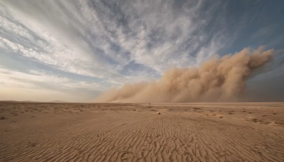 outdoors,sky,day,cloud,blue sky,no humans,bird,sunlight,cloudy sky,scenery,light rays,sand,horizon,road,field,landscape,beach,desert