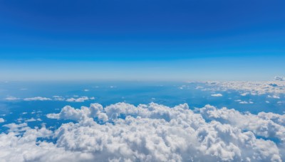 monochrome,outdoors,sky,day,cloud,blue sky,no humans,cloudy sky,scenery,blue theme,horizon,above clouds,water,ocean