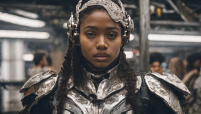 1girl,long hair,looking at viewer,brown hair,black hair,brown eyes,upper body,parted lips,solo focus,indoors,dark skin,armor,blurry,black eyes,dark-skinned female,lips,blurry background,shoulder armor,portrait,curly hair,pauldrons,breastplate,realistic,very dark skin,real life insert,dreadlocks,gorget,chainmail,solo,braid,twin braids,depth of field,headgear,forehead,freckles