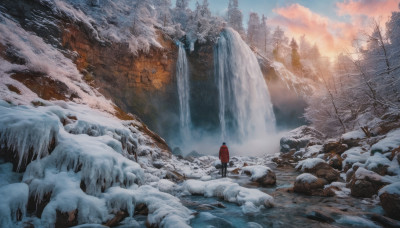 solo, 1boy, standing, outdoors, sky, cloud, hood, water, from behind, tree, nature, scenery, snow, 1other, forest, rock, mountain, wide shot, winter, waterfall, landscape, ambiguous gender