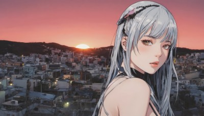 1girl,solo,long hair,looking at viewer,bangs,hair ornament,bare shoulders,brown eyes,yellow eyes,upper body,flower,grey hair,hairband,outdoors,parted lips,sky,choker,hair flower,from side,lips,looking to the side,grey eyes,building,portrait,scenery,sunset,city,cityscape,black choker,feathers,sun