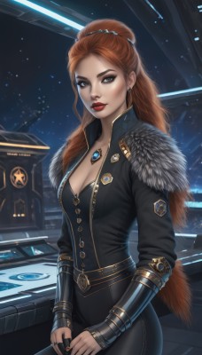 1girl,solo,long hair,breasts,looking at viewer,brown hair,cleavage,brown eyes,jewelry,medium breasts,jacket,ponytail,cowboy shot,earrings,belt,pants,artist name,signature,necklace,nail polish,orange hair,mole,lips,black jacket,grey eyes,fur trim,bodysuit,makeup,night,black pants,lipstick,gem,mole under mouth,pendant,eyeshadow,freckles,red lips,eyeliner,leather,sitting,red hair,sky,ring,star (sky),starry sky,science fiction,realistic,black bodysuit