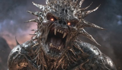 solo,looking at viewer,open mouth,red eyes,upper body,horns,teeth,armor,blurry,orange eyes,no humans,blurry background,glowing,sharp teeth,glowing eyes,1other,spikes,monster,tongue,saliva,portrait,close-up,extra eyes