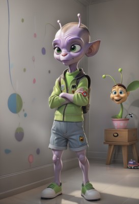 solo,smile,blue eyes,1boy,green eyes,standing,jacket,full body,male focus,shoes,shorts,pointy ears,artist name,indoors,bag,shadow,colored skin,watermark,crossed arms,backpack,plant,furry,green jacket,antennae,potted plant,furry male,bald,badge,alien,button badge,no humans,denim,sneakers,blue shorts,denim shorts