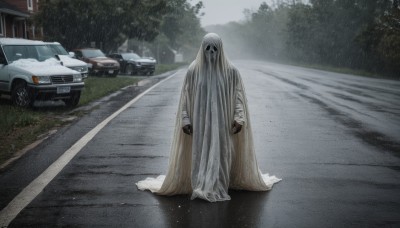 standing,outdoors,tree,no humans,ground vehicle,building,motor vehicle,1other,rain,ghost,car,road,vehicle focus,street,horror (theme),grey sky,truck,solo,gloves,sky,day,monster