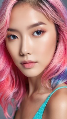 1girl,solo,long hair,looking at viewer,blue eyes,bare shoulders,closed mouth,upper body,pink hair,multicolored hair,black eyes,two-tone hair,lips,eyelashes,makeup,watermark,tank top,portrait,close-up,pink lips,realistic,nose,jewelry,artist name,blurry,web address