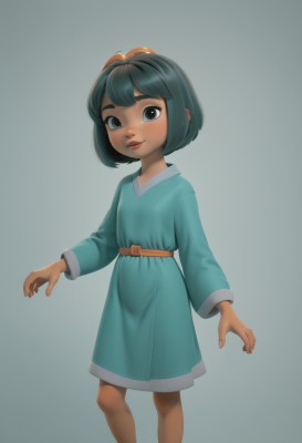 1girl,solo,looking at viewer,blush,smile,short hair,bangs,blue eyes,simple background,black hair,long sleeves,dress,closed mouth,standing,belt,dark skin,grey background,black eyes,dark-skinned female,lips,feet out of frame,blue dress,bob cut,child,female child,bow,hair bow,fingernails,gradient,gradient background,thick eyebrows,green dress,aqua dress