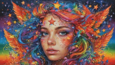 1girl,solo,long hair,looking at viewer,blue eyes,hair ornament,blue hair,multicolored hair,parted lips,teeth,artist name,star (symbol),lips,eyelashes,gradient hair,makeup,watermark,facial mark,feathers,lipstick,portrait,star (sky),web address,eyeshadow,freckles,pink lips,nose,red lips,facepaint,colorful,mascara,red hair,wings,leaf,realistic