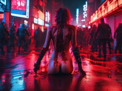 1girl,long hair,black hair,holding,standing,weapon,ass,nude,outdoors,solo focus,water,from behind,blurry,completely nude,blood,tattoo,night,depth of field,blurry background,back,building,reflection,city,arms at sides,facing away,road,arm tattoo,street,crowd,cyberpunk,back tattoo,neon lights,pool of blood,solo,gloves,jewelry,sitting,multiple boys,black gloves,holding weapon,wet,gun,watermark,ground vehicle,holding gun,web address,motor vehicle,rain,realistic,wet hair,dripping,puddle,city lights,crosswalk