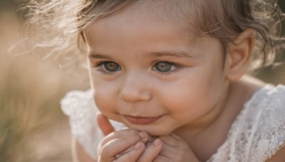 1girl,solo,looking at viewer,smile,short hair,brown hair,brown eyes,closed mouth,solo focus,blurry,lips,fingernails,grey eyes,eyelashes,blurry background,holding hands,child,portrait,close-up,out of frame,realistic,own hands together