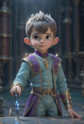 solo,looking at viewer,short hair,blue eyes,black hair,long sleeves,1boy,holding,jewelry,closed mouth,standing,grey hair,male focus,cowboy shot,earrings,pointy ears,pants,indoors,blurry,black eyes,vest,book,depth of field,blurry background,table,child,fantasy,wand,male child,artist name