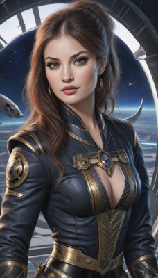 1girl,solo,long hair,breasts,looking at viewer,brown hair,long sleeves,cleavage,brown eyes,jewelry,medium breasts,closed mouth,upper body,ponytail,earrings,lips,clothing cutout,makeup,cleavage cutout,star (sky),starry sky,science fiction,realistic,nose,space,planet,earth (planet),spacecraft,lipstick