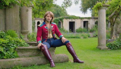 solo,looking at viewer,blonde hair,brown hair,shirt,long sleeves,1boy,sitting,jacket,full body,flower,male focus,boots,outdoors,open clothes,day,pants,spread legs,open jacket,tree,facial hair,brown footwear,knee boots,grass,plant,denim,beard,red jacket,jeans,blue pants,pillar,statue,overgrown,short hair,brown eyes,sky,lips,scenery,realistic,mustache,bush,hand on own knee,moss