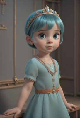 1girl,solo,looking at viewer,smile,short hair,bangs,blue eyes,dress,jewelry,closed mouth,blue hair,standing,short sleeves,cowboy shot,earrings,belt,indoors,necklace,blurry,flat chest,aqua eyes,lips,aqua hair,depth of field,blurry background,blue dress,tiara,crown,child,pendant,freckles,female child,aged down,realistic,princess,aqua dress