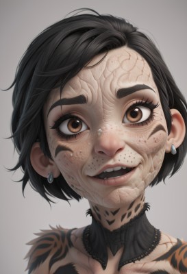 1girl,solo,looking at viewer,smile,short hair,open mouth,simple background,black hair,brown eyes,jewelry,earrings,teeth,choker,grey background,lips,eyelashes,tattoo,fangs,portrait,freckles,realistic,white background,collarbone,gradient background,upper teeth only,messy hair,nose