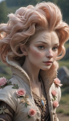 1girl,solo,long hair,looking at viewer,blue eyes,blonde hair,jewelry,closed mouth,jacket,upper body,flower,outdoors,open clothes,day,artist name,necklace,mole,blurry,lips,grey eyes,eyelashes,makeup,blurry background,rose,pink flower,freckles,curly hair,realistic,nose,pink rose,blush,shirt,parted lips,open jacket,coat,fur trim,scar,floral print,wind,gem,forehead