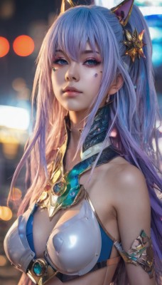 1girl,solo,long hair,breasts,looking at viewer,bangs,blue eyes,hair ornament,animal ears,bare shoulders,jewelry,medium breasts,blue hair,upper body,ponytail,purple hair,parted lips,blurry,lips,eyelashes,makeup,blurry background,fake animal ears,halterneck,facial mark,armlet,eyeshadow,realistic,nose,mascara,cleavage,hair between eyes,sidelocks,multicolored hair,shiny,artist name,armor,depth of field,gem,breastplate,eyeliner,bikini armor,bokeh