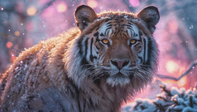 looking at viewer, outdoors, signature, blurry, no humans, depth of field, blurry background, animal, cat, snow, snowing, realistic, branch, chinese zodiac, animal focus, whiskers, tiger, year of the tiger