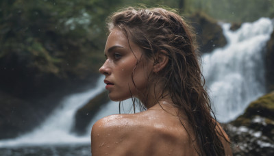 1girl, solo, long hair, blue eyes, brown hair, upper body, nude, outdoors, looking back, water, from behind, blurry, lips, wet, depth of field, blurry background, realistic, nose, wet hair, waterfall