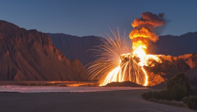 outdoors,sky,cloud,water,tree,no humans,night,glowing,beach,fire,nature,night sky,scenery,smoke,rock,mountain,sand,fireworks,river,desert,molten rock,blue sky,star (sky),explosion