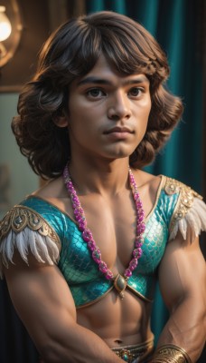 1girl,solo,looking at viewer,short hair,brown hair,1boy,navel,brown eyes,jewelry,closed mouth,collarbone,upper body,male focus,midriff,dark skin,medium hair,necklace,blurry,bracelet,lips,muscular,blurry background,abs,feathers,freckles,curly hair,realistic,nose,breasts,black hair,small breasts