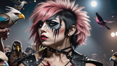 1girl,solo,short hair,black hair,brown eyes,jewelry,closed mouth,collarbone,upper body,pink hair,multicolored hair,earrings,solo focus,choker,artist name,blurry,black eyes,collar,two-tone hair,lips,grey eyes,blood,makeup,blurry background,bird,animal,scar,piercing,lipstick,ear piercing,portrait,spikes,eyeshadow,realistic,nose,red lips,stud earrings,facepaint,leather,crow,mascara,mohawk,beak,nose piercing,night,moon,blood on face,strap,zombie,animal on shoulder,bird on hand,bird on shoulder