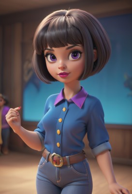 1girl,solo,breasts,looking at viewer,smile,short hair,bangs,brown hair,shirt,black hair,standing,purple eyes,short sleeves,cowboy shot,small breasts,parted lips,solo focus,collared shirt,belt,pants,artist name,indoors,hand up,signature,blunt bangs,nail polish,blurry,dark-skinned female,lips,fingernails,eyelashes,dress shirt,makeup,buttons,depth of field,blurry background,watermark,stuffed toy,bob cut,thick eyebrows,blue shirt,denim,wing collar,lipstick,child,red nails,buckle,pink nails,sleeves rolled up,freckles,arm at side,jeans,belt buckle,pink lips,nose,purple shirt,blue pants,red lips,female child,brown belt,purple lips,closed mouth,dark skin,web address,eyeshadow,polo shirt