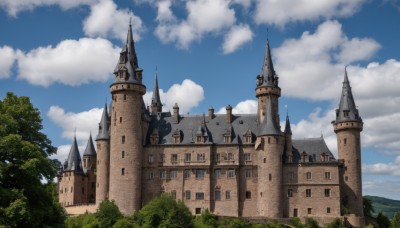 outdoors,sky,day,cloud,water,tree,blue sky,no humans,cloudy sky,building,nature,scenery,forest,mountain,fantasy,castle,tower,architecture,church,arch