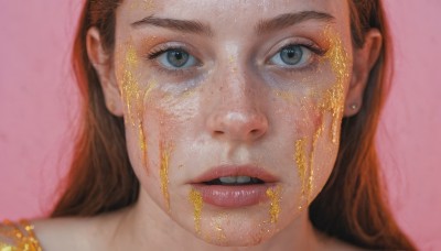 1girl,solo,long hair,looking at viewer,open mouth,simple background,brown hair,brown eyes,jewelry,earrings,parted lips,teeth,blurry,lips,grey eyes,pink background,portrait,freckles,realistic,nose,messy,honey,eyelashes,close-up,paint splatter