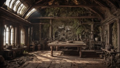 day,indoors,no humans,window,chair,table,sunlight,plant,scenery,light rays,potted plant,ruins,pillar,arch,candlestand,overgrown,tree,candle,statue,chandelier