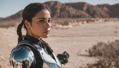 1girl,solo,long hair,brown hair,black hair,upper body,ponytail,braid,outdoors,day,armor,blurry,from side,lips,bodysuit,blurry background,shoulder armor,freckles,science fiction,mountain,realistic,camera,looking at viewer,blue eyes,dark skin,depth of field,desert