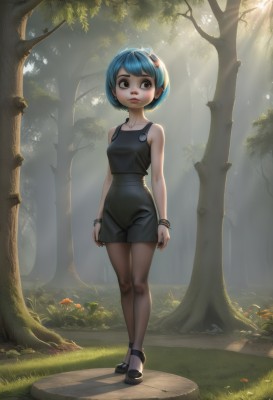 1girl,solo,breasts,looking at viewer,blush,short hair,bangs,hair ornament,dress,bare shoulders,brown eyes,jewelry,closed mouth,blue hair,standing,full body,flower,pantyhose,small breasts,outdoors,shoes,sleeveless,day,artist name,nail polish,black footwear,black dress,bracelet,tree,lips,black pantyhose,bare arms,makeup,sleeveless dress,watermark,short dress,sunlight,grass,nature,black nails,web address,forest,backlighting,walking,brown pantyhose,light rays,nose,arms at sides,bangle,sunbeam,mushroom,dappled sunlight,path,earrings,necklace,watch,wristwatch