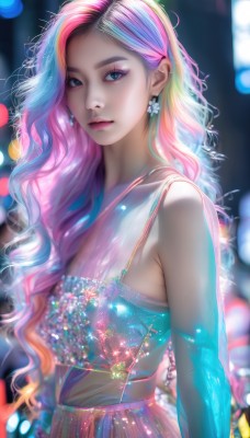 1girl,solo,long hair,breasts,looking at viewer,blue eyes,dress,bare shoulders,jewelry,closed mouth,blue hair,upper body,pink hair,purple hair,flower,multicolored hair,earrings,sleeveless,artist name,signature,blurry,from side,two-tone hair,lips,streaked hair,see-through,eyelashes,makeup,sleeveless dress,depth of field,blurry background,blue dress,wavy hair,lipstick,multicolored clothes,eyeshadow,pink lips,glint,realistic,nose,bokeh,colorful,rainbow hair,hairband,necklace,sparkle,watermark,expressionless,gem,light particles,mascara,pearl (gemstone),sparkler