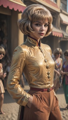 1girl,breasts,looking at viewer,short hair,bangs,multiple girls,blonde hair,brown hair,shirt,long sleeves,brown eyes,jewelry,medium breasts,closed mouth,standing,cowboy shot,outdoors,parted lips,multiple boys,solo focus,day,collared shirt,belt,pants,necklace,blurry,lips,eyelashes,makeup,depth of field,blurry background,bob cut,lipstick,building,buckle,freckles,hand in pocket,yellow shirt,realistic,nose,hands in pockets,red lips,brown pants,crowd,artist name,3girls,chinese clothes,sunglasses,dog