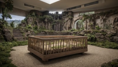 outdoors,day,indoors,tree,no humans,window,grass,plant,building,scenery,stairs,railing,ruins,bridge,moss,overgrown,sky,cloud,water,rock,train station