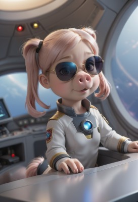 1girl,solo,looking at viewer,smile,open mouth,bangs,blonde hair,long sleeves,twintails,tail,upper body,parted lips,glasses,artist name,indoors,nail polish,blurry,uniform,lips,depth of field,blurry background,sunglasses,short twintails,child,round eyewear,female child,tinted eyewear,buck teeth,blue-tinted eyewear,blue eyes,nose,spacecraft