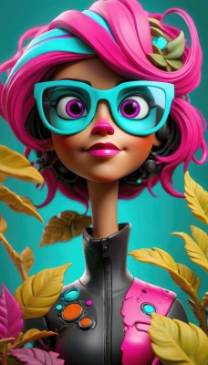 1girl,solo,looking at viewer,smile,short hair,hair ornament,upper body,pink hair,multicolored hair,glasses,artist name,dark skin,pink eyes,mole,dark-skinned female,lips,gradient,gradient background,mole under eye,makeup,headphones,leaf,watermark,lipstick,goggles,portrait,eyeshadow,zipper,pink lips,nose,tinted eyewear,purple lips,flower,eyelashes,headset,cyborg,aqua background