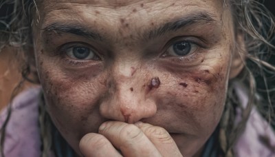 1girl,solo,long hair,looking at viewer,black hair,braid,hand up,blurry,black eyes,grey eyes,blood,depth of field,portrait,close-up,freckles,injury,blood on face,realistic,bruise on face,1boy,male focus,dirty,dirty face