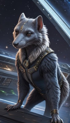 solo,looking at viewer,brown eyes,jewelry,sky,necklace,bracelet,no humans,window,night,animal,cat,ring,building,gem,star (sky),night sky,claws,starry sky,animal focus,male focus,artist name,sparkle,watermark,furry,realistic,space,furry male