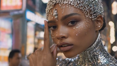 1girl,solo,looking at viewer,short hair,black hair,jewelry,parted lips,teeth,solo focus,hand up,dark skin,blurry,black eyes,dark-skinned female,lips,fingernails,depth of field,blurry background,ring,portrait,freckles,realistic,very dark skin,earrings,shiny,necklace,eyelashes,gem,finger to mouth,close-up,nose